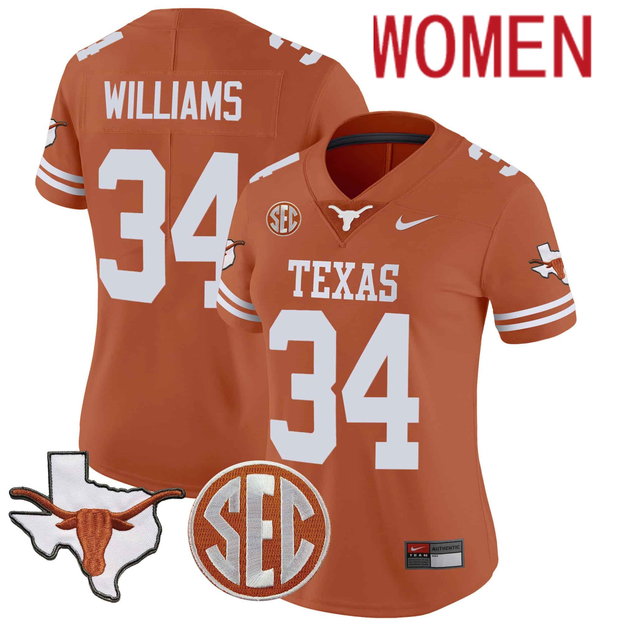 Women Texas Longhorns #34 Williams Orange 2024 Nike State Map & SEC Patch Vapor NCAA Jersey style 1